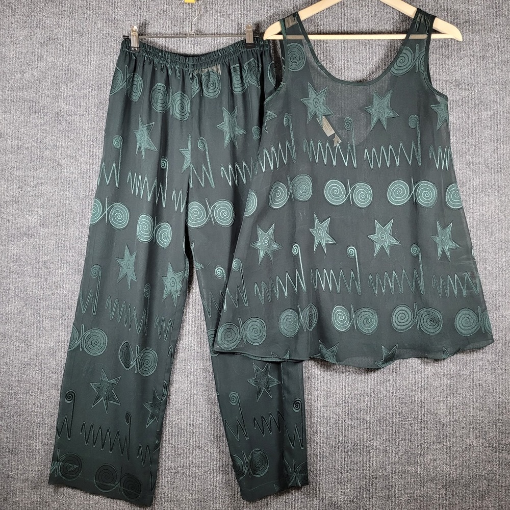 Vtg Victoria's Secret Pajamas Womens XS Gold Label Sheer Flowy Lounge Set Green